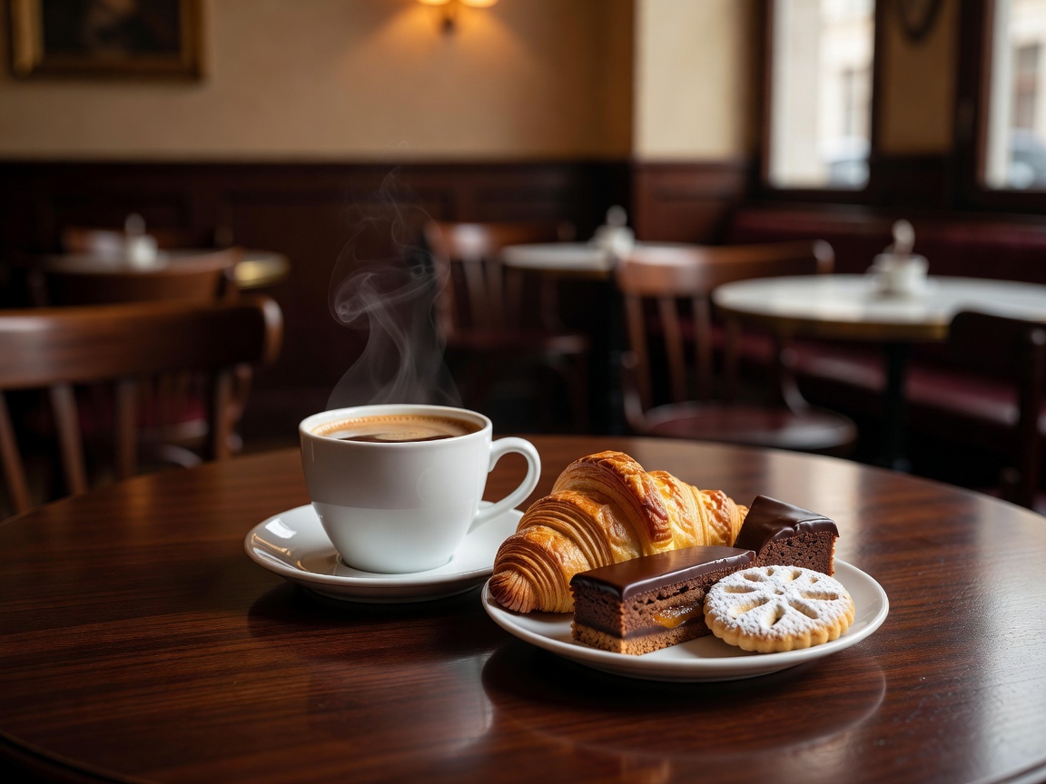 Kaffee und Gebäck auf einem Tisch im Café Einstein