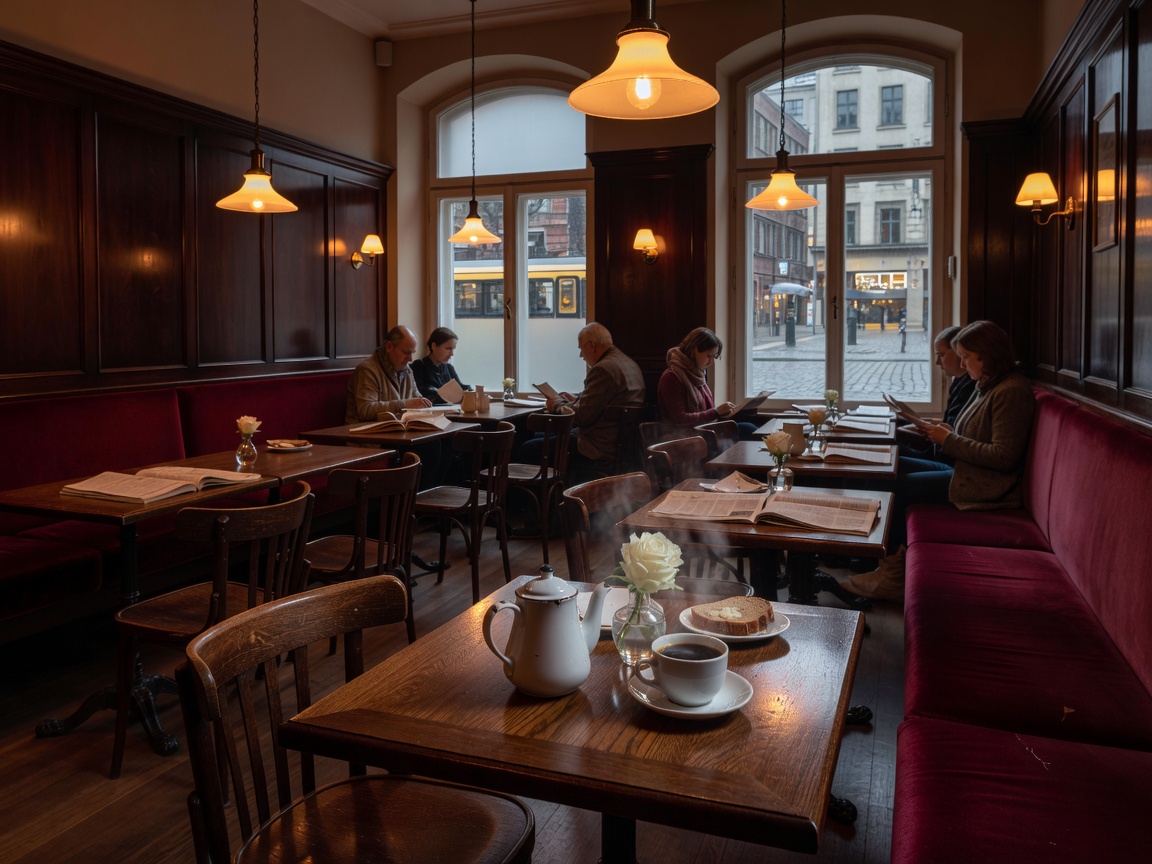 Gemütliches Berliner Café mit Kaffeetassen auf Holztisch