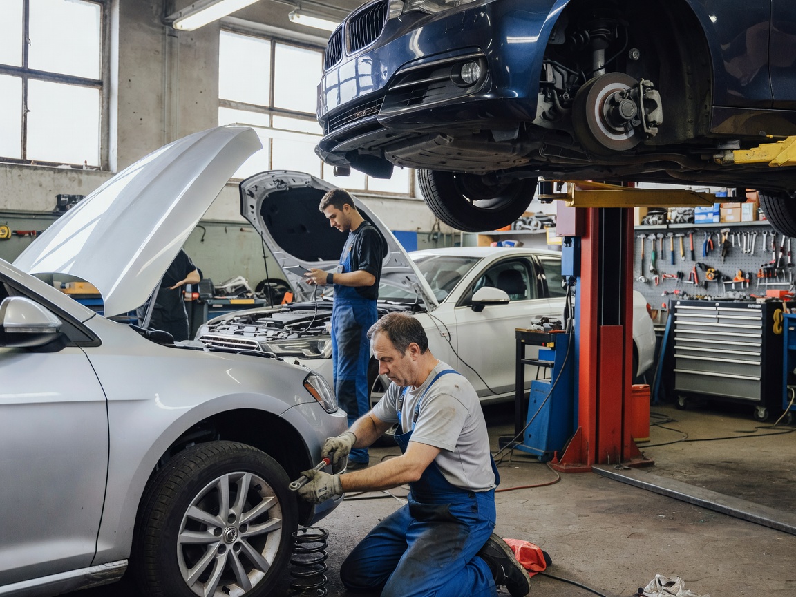 Mechaniker repariert Fahrzeug in Autowerkstatt